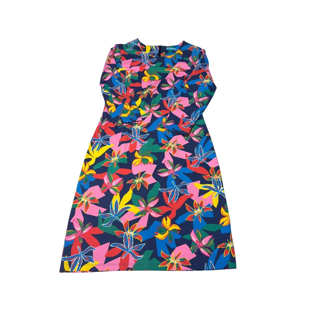 J.McLaughlin Womens Small Floral Shift Dress Navy Blue Multi 3/4‎ Sleeve Stretch